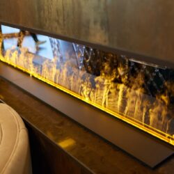 Electric,Log,Fireplace.,Restaurant,Showcase,Decorated,With,Artificial,Heater.,Exterior