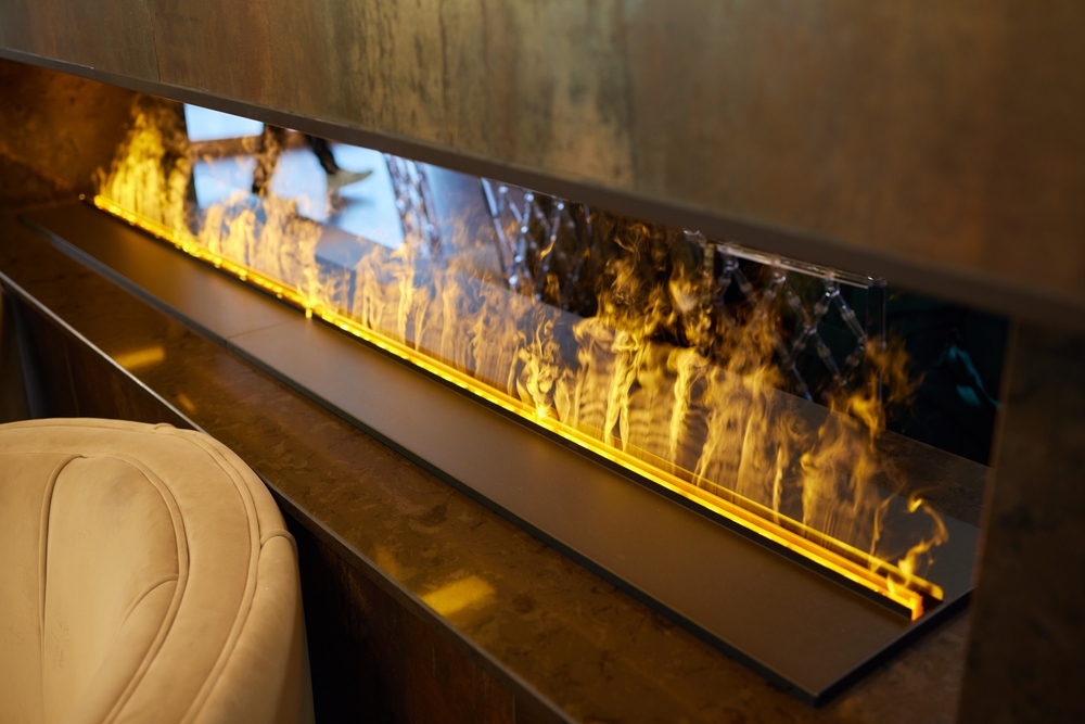 Electric,Log,Fireplace.,Restaurant,Showcase,Decorated,With,Artificial,Heater.,Exterior