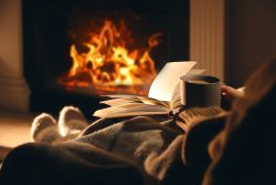 Woman,With,Cup,Of,Drink,And,Book,Near,Fireplace,At